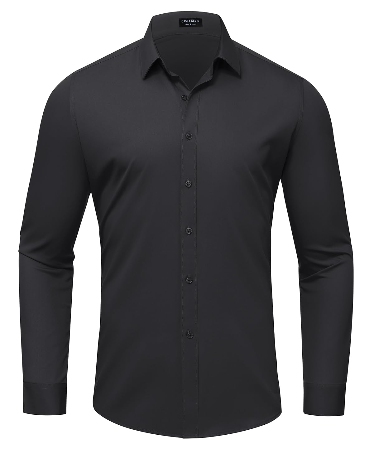 Casey Kevin Men's Shirts Wrinkle Free Dress Shirts Solid Button Down Long Sleeve Business Formal Wedding Shirts M Black