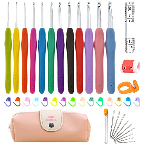 Crochet Hooks Set, RealPlus 12 PCS 2mm(B)-8mm(N) Ergonomic Crochet Hooks Set for Arthritic Hands, Ergonomic Soft Grip Handles, Crochet Kit for Beginners, Large Crochet Needle with Pink Case