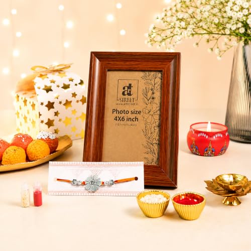 Image of Art Street Table Rectangular Photo Frame with Floral Metal Rakhi, Plexi Glass, Engineered Wood Cave Photo Frame for Home and Office Decoration Tabletop (Wood Brown, Size- 4x6 Inch)