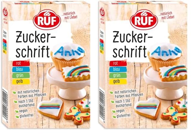 RUF Zucker-Schrift, 4 natürliche Farben aus Pflanzenextrakt, Dekor-Schrift für Plätzchen, Fondant, Glasur und Zuckerguss, Tortendeko glutenfrei & vegan, 4 x 25g (Packung mit 2)