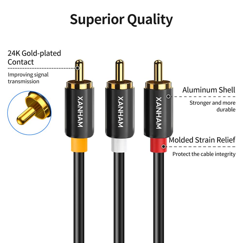 Cable 3RCA a 3RCA de 6.6 pies, contactos chapados en oro, 3 RCA macho a macho, cable de audio para altavoz, sistemas de alta fidelidad, cine en casa, HDTV, etc.