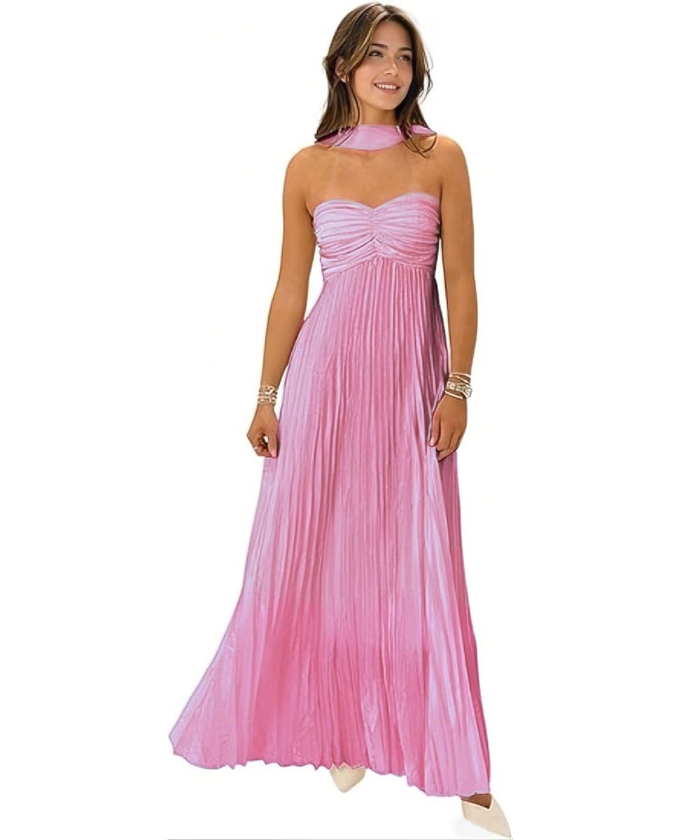 Women Bridesmaid Dress with Scarf Strapless Pleated Satin Flowy Formal Evening Gown Maxi Dresses