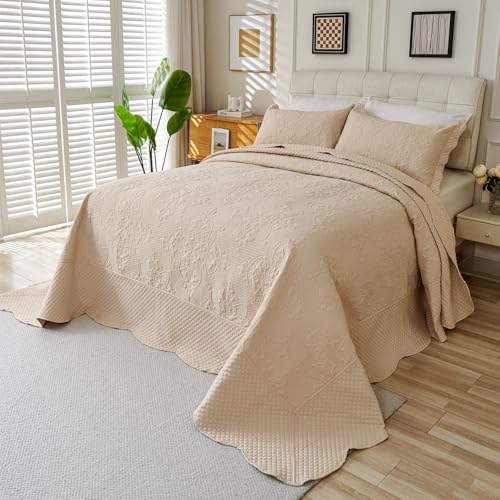 Image of EVENHUG Oversized King Bedspreads California King Quilt Set with Pillow Shams Extra Wide Large King Size Quilts Lightweight Coverlet Bedding Sets Beige 120 inchx120 inch