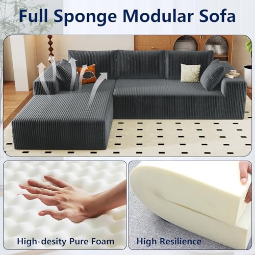 Image of 96 inch Modular Sectional Sofa, Modern Corduroy Cloud Couch with Deep Seat, Boneless Couch Upholstered 3-Seater L-Shaped Sofa for Living Room, No Assembly Required (Dark Grey, Left-Facing Chaise)