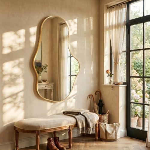 Image of Dorlicecass Irregular Wall Mirror - Wall Mirrors Decorative 24 inchx 40 inch Asymmetrical Abstract Mirror Aviation Aluminum Alloy Frame Unique for Bathroom, Bedroom, Living Room, Cloakroom, Entryway Gold
