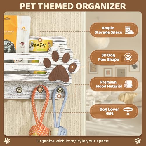 MTERSN Farmhouse Dog Leash Holder for Wall - Cute Dog Accessories Storage Organizer with Floating Shelf and 6 Key Hooks – Key Holder Wall Mount for Rustic Home Decor (White) - Image 5