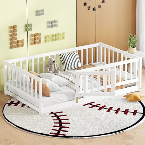 Image of Bellemave Twin Size Kids Montessori Floor Bed with Door,Solid Wood Floor Bed Frame with Slats and High Fence for Kids,Girls,Boys,White