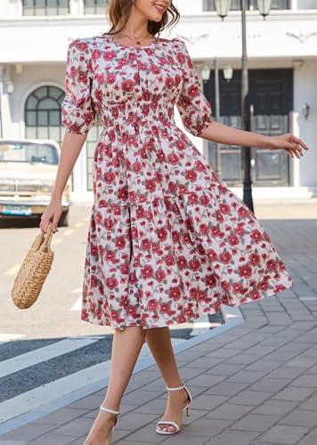 Image of Kormei Women Casual Boho Floral Round Neck 3 /4 Sleeve Smocked Waist Tiered A Line Flowy Swing Midi Dress Long Dresses