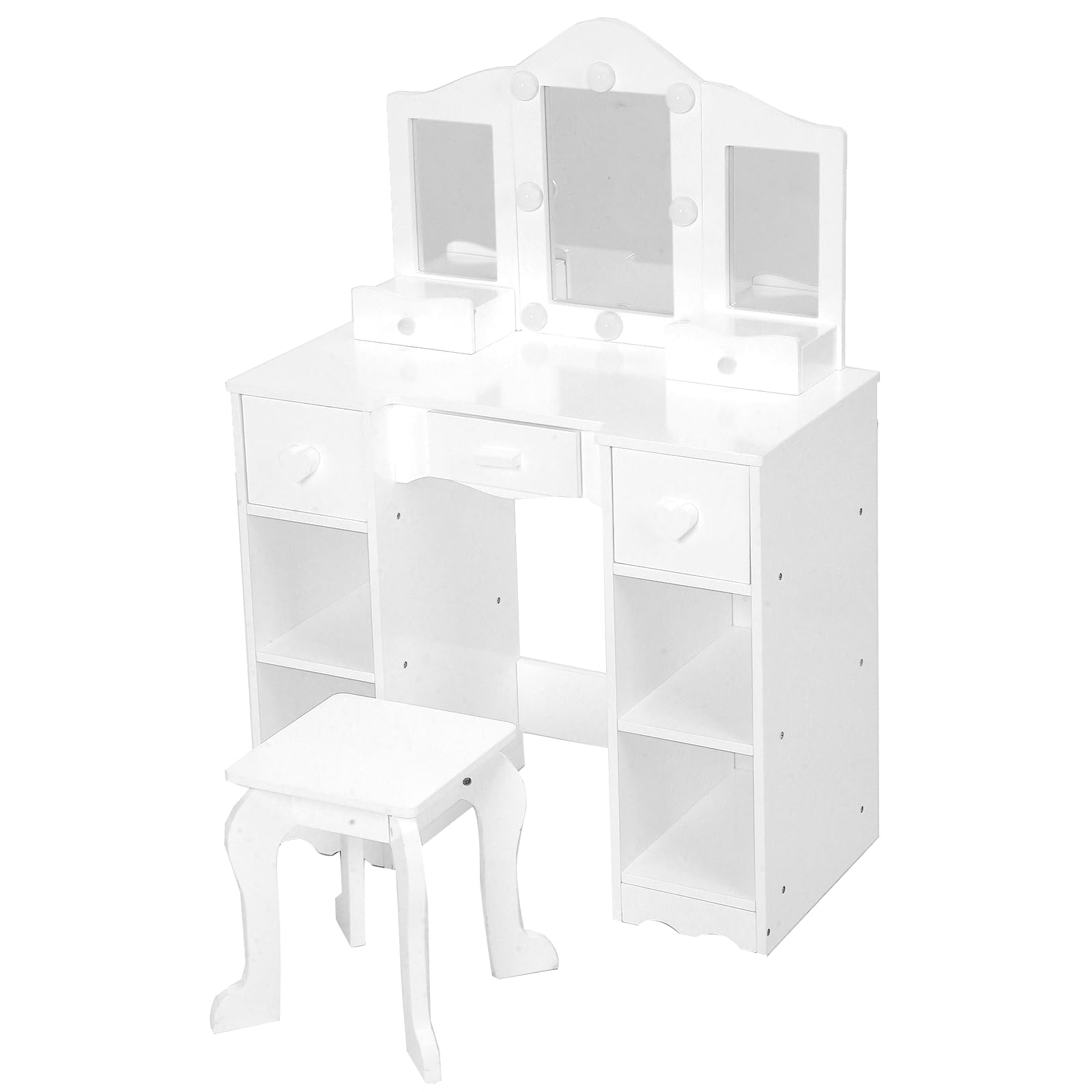 GarveeHome Tocador Infantil de Madera con Espejo LED y Taburete – Mesa de Maquillaje Blanca escandinava para niñas, 5 cajones y 4 Compartimentos Abiertos, Dormitorio o Zona de Juegos – Color Blanco