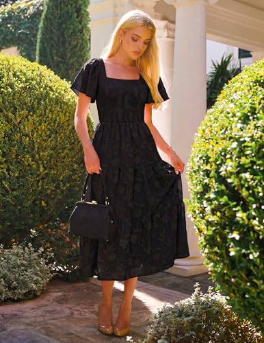Image of ZESICA Women's Summer Boho Floral Midi Dress 2026 Casual Short Sleeve Square Neck Flowy Beach Vacation Long Dress