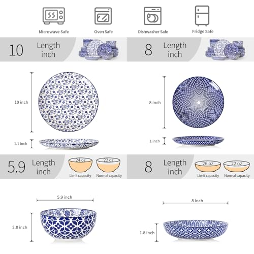 Image of Selamica Ceramic Plates and Bowls Sets,32 Pieces Dinnerware Sets for 8,Scratch Resistant Dish Set for family gathering,Dishwasher & Microwave Safe, Vintage Blue