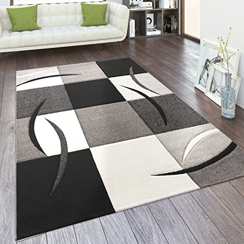 Paco Home Tapis De Salon en Diff. Coloris Et Tailles Motif Carreaux Rayures Design 3D Poils Ras, Dimension:80x150 cm, Couleur:Noir Blanc
