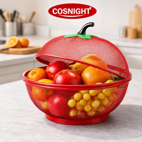 Image of Khushi Liquid Apple-Shaped Fruit & Vegetable Basket with Protective Net Mesh Cover - Decorative Kitchen Storage Stand for Dining Table - Multi-Color (Medium, Pack of 1) (RED)