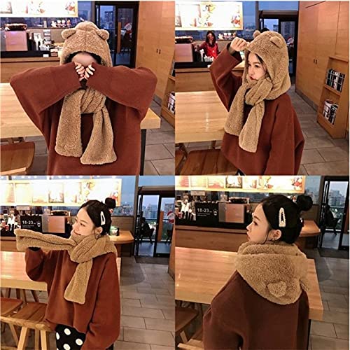 Cute Bear Scarf with Ears Youth Hat Winter Warm Plush Hat Cold Winter Gift for Kids（Brown）2