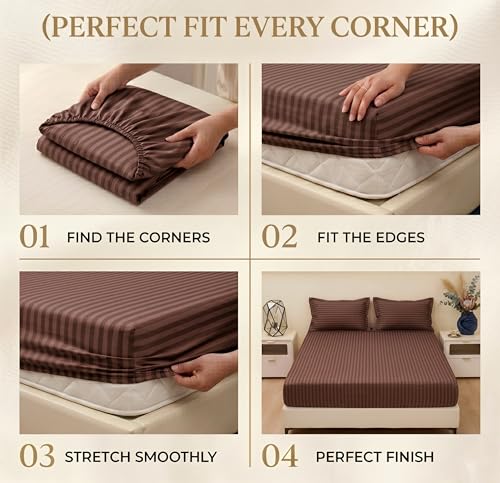 Image of BSB HOME 210 TC Cotton Fitted Bedsheet with 2 Pillow Covers, Soft Breathable Fabric, Elastic All Around, Wrinkle Resistant, King Size Bed Sheet Set - 72 x 78 + 10 Inches (Chocolate Brown)