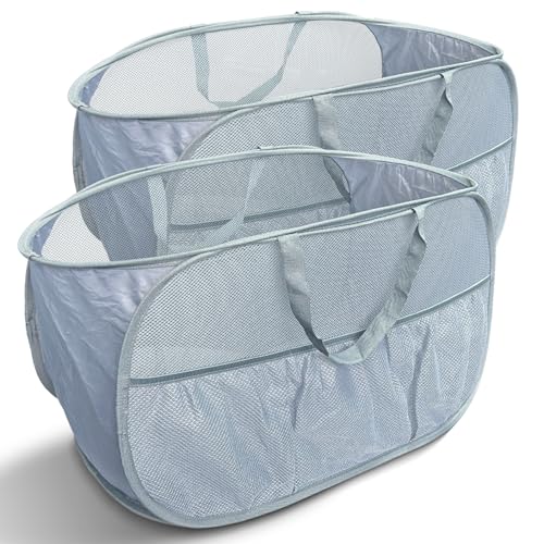 Image of Collapsible Laundry Baskets 2 Pack, Mesh Pop Up Hamper with Handles, Portable Stair Basket, Dorm or Room Folding Bin, Dirty Clothes Hamper Light Breathable. Grey. 2H
