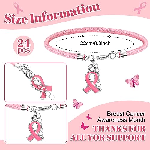 Karenhi 24 Pcs Breast Cancer Awareness Adjustable Bracelets with Pink Ribbon Charms for Women Breast Cancer Awareness Gifts3