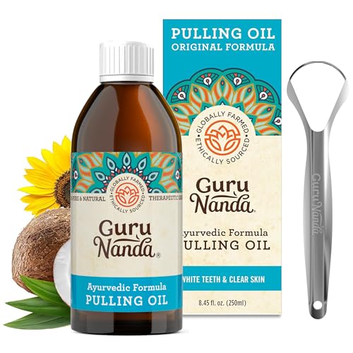 GuruNanda Original Oil Pulling Mouthwash, Promotes Deep Cleaning, with Coconut & Sesame for Teeth & Gum Health & Fresh Breath, with Tongue Scraper, Alcohol-Free, 8.45 Fl Oz