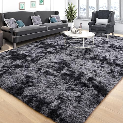 Tepook Soft Fluffy Rugs for Living Room, 5x8 Shaggy Area Rug for Bedroom, Modern Shag Rug Fuzzy Carpets for Kids, Plush Indoor Nursery Home Decor Rug with Non-Slip Bottom, Tie-dye Dark Grey