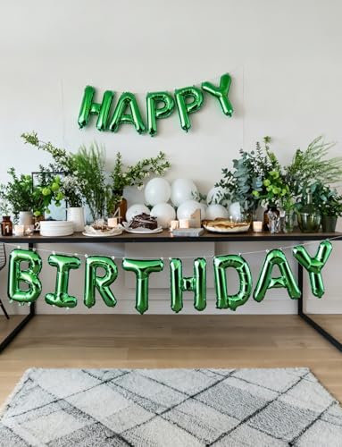 Image of Green Happy Birthday Balloon Banner, 16 Inch Foil Letter Balloons, Green Birthday Decorations for Men Boys Girls, Jungle Dinosaur Gaming Soccer Indoor Outdoor Party Supplies