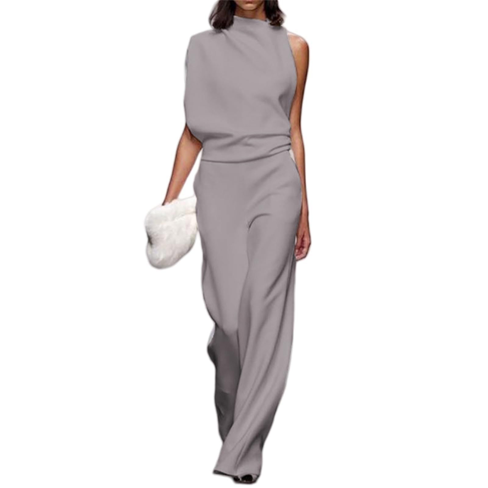 Tuta da donna, elegante e alla moda, con spalle scoperte e scollo a V, tinta unita, monospalla