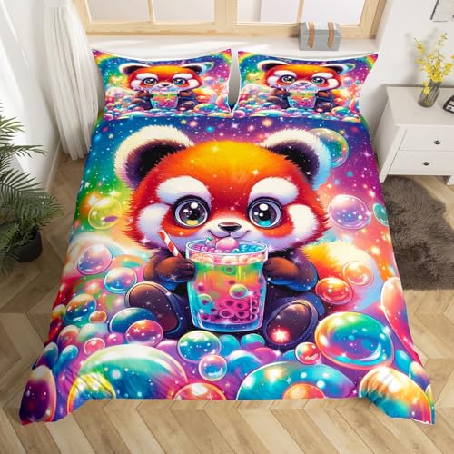 Raccoon Duvet Cover Twin for Kids GirlsTeens,Dreamy Starry Sky 2 Pieces Duvet Cover,Cartoon Animals Girls WoWomen Soft Comforter Cover (Not Comforter),Waterclor Gradient Galaxy Quilt Cover