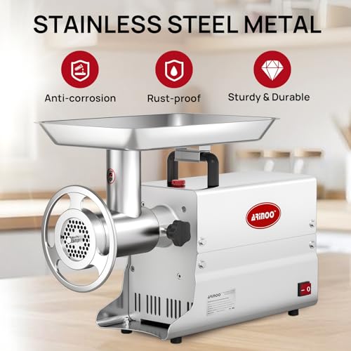 Image of Commercial Electric Meat Grinder #22, 1.2HP Heavy Duty Stainless Steel Meat Mincer with 2 Blades, 2 Plates & 3 Stuffing Tubes,Sausage Stuffer Machine for Home Kitchen & Restaurant Use