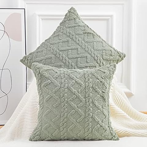 Madizz Set of 2 Soft Plush Fuzzy Short Wool Fleece Cushion Covers Patterned Throw Pillow Cases Decorative Pillow Shell for Sofa Bedroom Square Green 16x16 inch Cover
