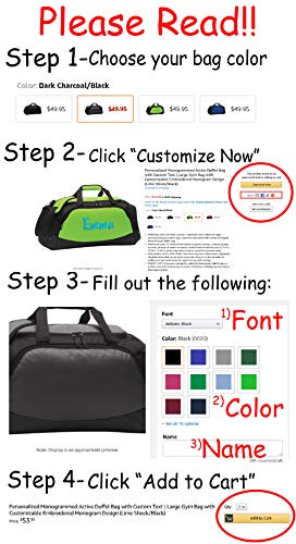 Personalized Monogrammed Active Duffel Bag with Custom Text | Large Gym Bag with Customizable Embroidered Monogram Design (Dark Charcoal/Black)