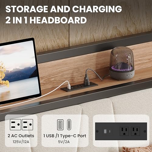 Image of LIKIMIO Twin Daybed, Day Bed with Trundle, Storage Upholstered Headboard and Charging Station, Trundle Bed with Strong Supports for Living Room, Bedroom, and Guest Room, Wood and Beige