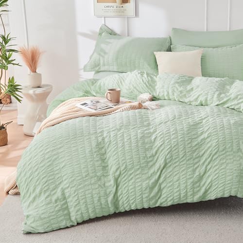 Duvet Cover King Size, Seersucker Bedding Set, 3 Pieces, Light Green