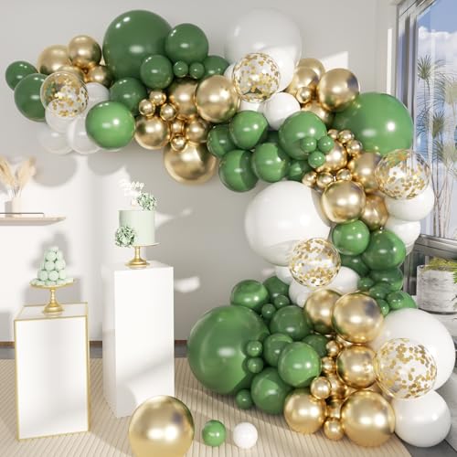 Image of MEBAY Green White Gold Balloon Arch Kit, 146Pcs Avocado Green Metallic Chrome Gold Confetti and White Latex Balloons for Wedding Birthday Baby Shower Decoration