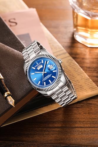 Image of London Fog Oxford Collection Analog Quartz Watch for Men with Round Dial and Stainless Steel Strap, Fluted Metal Case, Day & Date Display, Luminous Hands & Hour Markers & Water Resistant