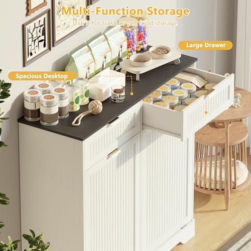 Image of Double 13 Gallon Tilt Out Trash Can Cabinet,Garbage Cabinet with Drawer | Hidden Garbage Storage with Fluted Design, Drawer & Hooks for Kitchen, Dining Room and Small Space Organization,White