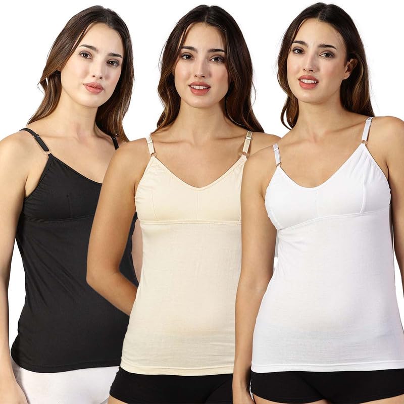 Womens Bra Attached Cotton Camisole, Spaghetti - Black, White, Beige-image-8