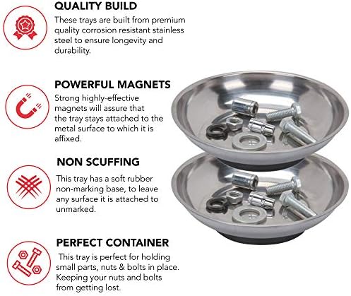 GADLANE Magnetic Dish For Parts Tray - Stainless Steel Heavy Duty Non-Marking Magnetic Parts Tray, Base Nut & Bolt Sockets Magnetic Tool Holder 150mm Screws Bowl - PACK OF 2