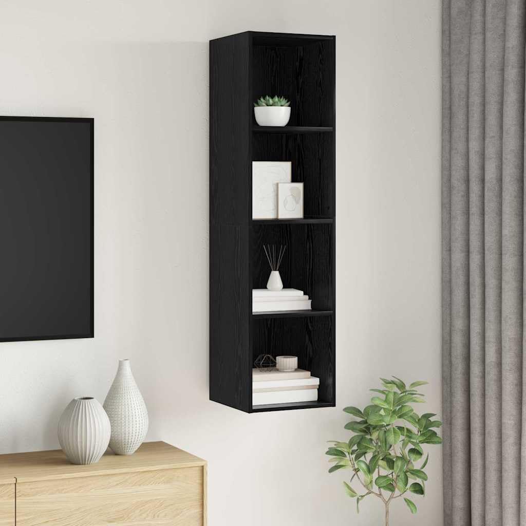 Zestaw szafek pod telewizor o wyglądzie czarnego dębu, 37 x 37 x 142,5 cm, montowany na ścianie regał na media z 3 półkami, nowoczesny design do salonu, trwały materiał drewnopochodny