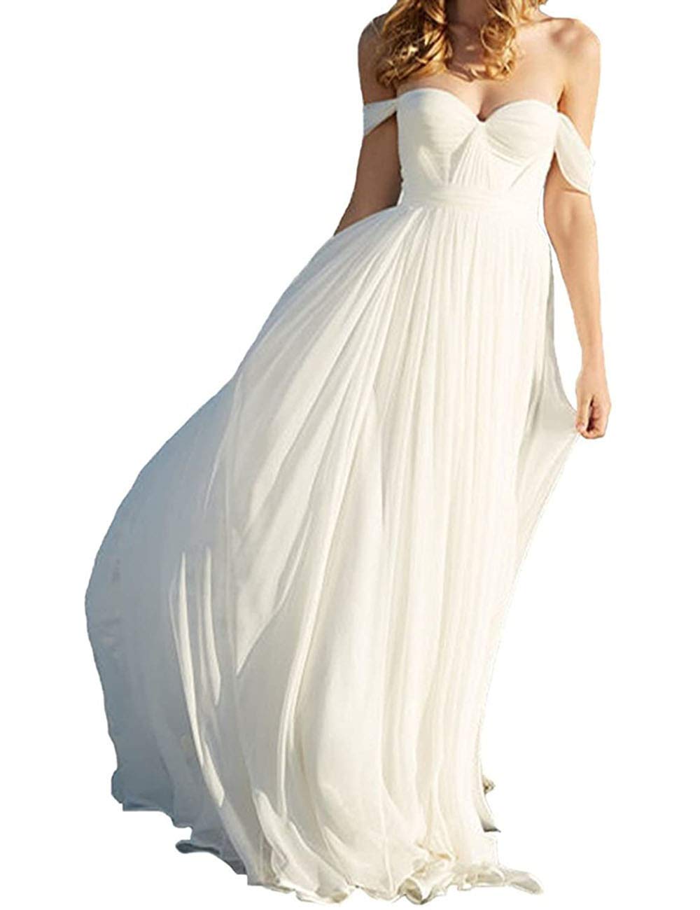 Off Shoulder Chiffon Brautmode Abendkleider Strandkleider Schulterfrei A-Linie Lang, Elfenbein, 40