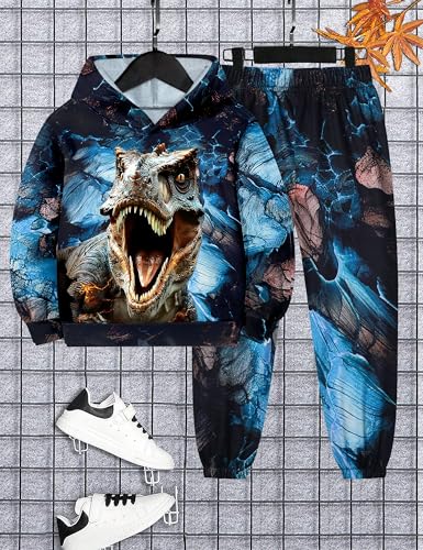 Image of Boys Clothes, T-Rex Print Dinosaur Boy Clothes Fall Winter Outfits Long-sleeved Hooded Sweatshirt Pants 2Pcs Set