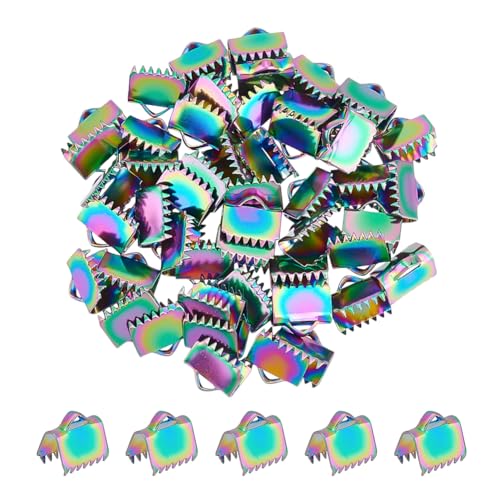 UNICRAFTALE 50 Rainbow Rectangle Crimp Ends, 9.5x10.5mm, 304 Stainless Steel, Jewelry Making, Rainbow Color