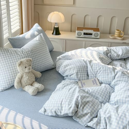 Image of VM VOUGEMARKET Blue White Gingham Duvet Cover Set,Soft Washed Cotton Bedding Set,Minimalist Plaid Bed Set with Pillowcases,Cozy Bedroom & Dorm Decor,King Size