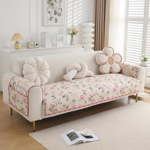 Image of HOKIPO 'HomeHues Series' Printed Quilted Sofa Seat Mat for 2 Seater Sofa with 2 Armrest Covers with Pockets, Beige Peonies (IN-807-D3 + IN-814-D3*2)