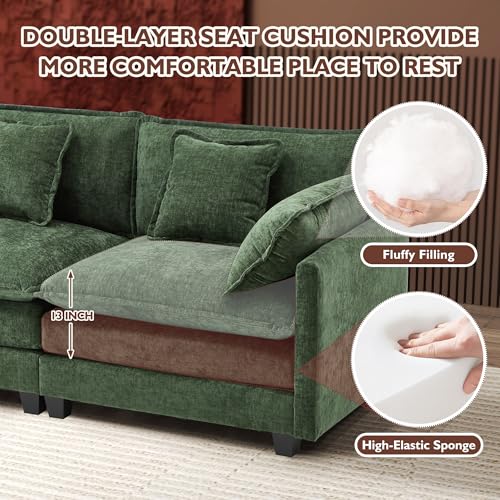 Image of Ihanherry 146 inch U-Shaped Modern Sofa Modular Sectional Cloud Couch with 2 Ottoman, 6-Seat Chenille Deep Seat Sofa with 6 Pillows for Living Room, Bedroom and Apartment, Green