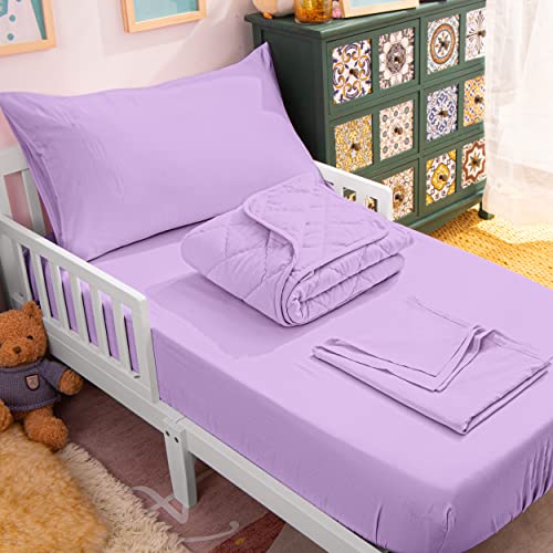 Image of NTBAY Toddler Bedding Set - 4 Piece Soft and Breathable Crib Bedding Set for Boys and Girls, Includes Quilted Comforter, Fitted Sheet, Flat Top Sheet and Envelope Pillowcase, Lavender