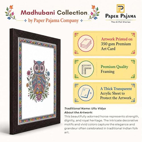 Image of PAPER PAJAMA Owl Wall Art for Living Room | Madhubani Owl Painting | Colorful Folk Art Bird Artwork Framed Decor for Home, Office & Study Room (10x13 Inches)