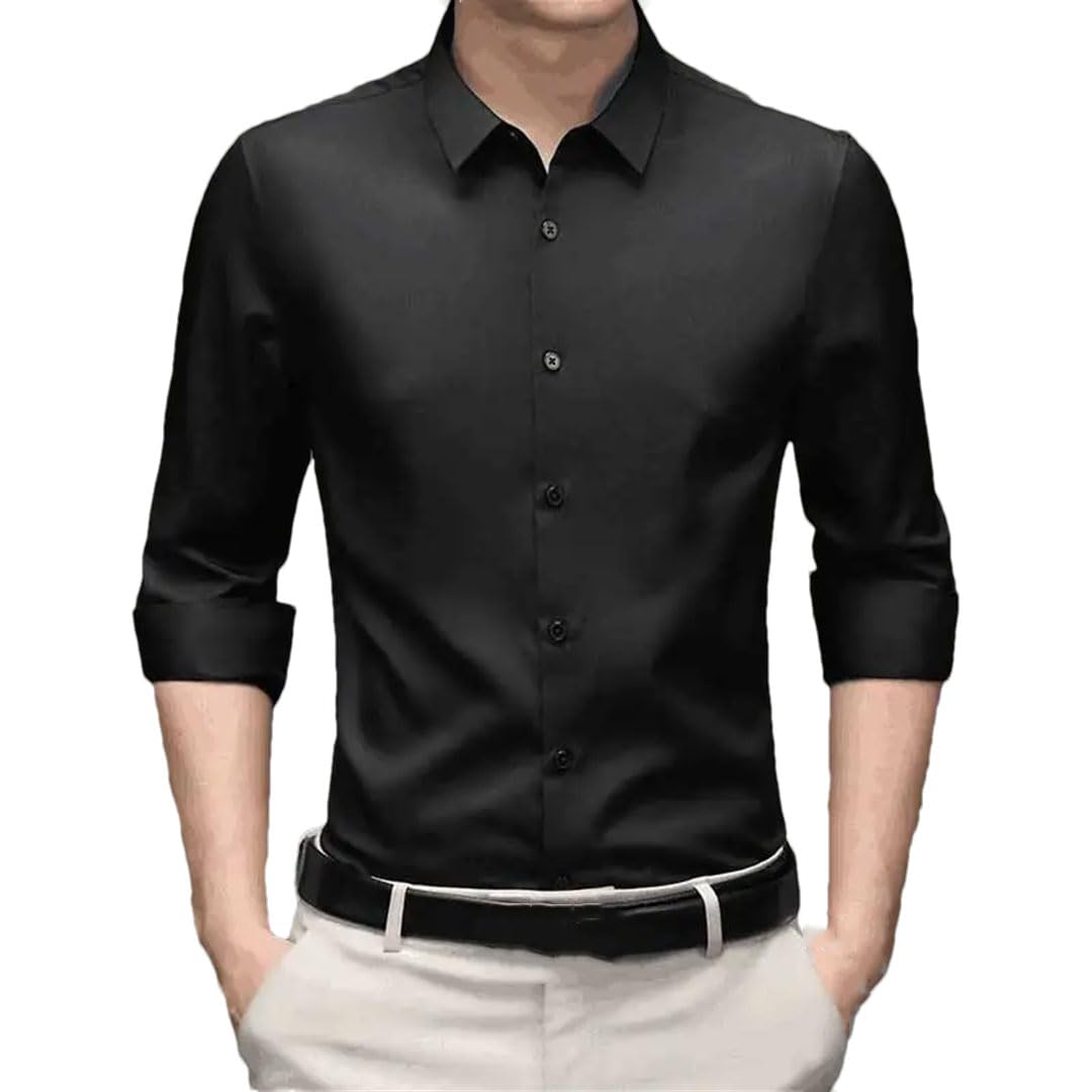 Camisas de vestir para hombre, ajustadas, de manga larga, con botones, solapa, camisas de negocios, Negro, S
