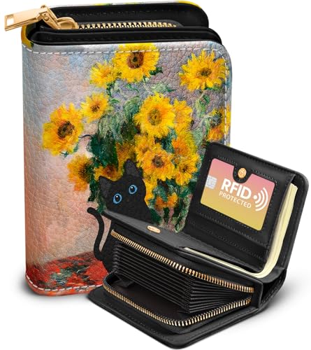 Image of Bistup Leather 12 Slot Accordion Card Holder Wallet, Cat Sunflower | Accordion Storage, Zipper Around Closure, Compact Patterned Wallet for IDs, Cards, Cash, Daily Carry and Gifts