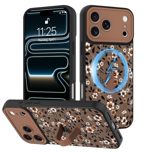 Coque iPhone 17 Pro magnétique fleurie avec dragonne marron