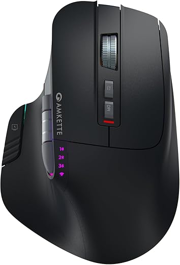 Amkette XS Series Flow Ergonomic Wireless Mouse/Bluetooth Mouse with Side Scroll | 2.4GHz & 3X Bluetooth, 8 Buttons, Multi-OS, Rechargeable, 3200 DPI, RGB Lighting | Smart, Simple, Superior Design