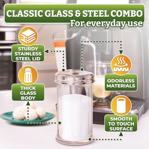 Image of 12 Oz Glass Sugar Container for Coffee Bar Set of 2 - Sugar Dispenser with Pour Spout - Stainless Steel Flip Lid, Smooth Pour Control for Coffee, Tea, Baking & Cooking | Countertop or Table Use